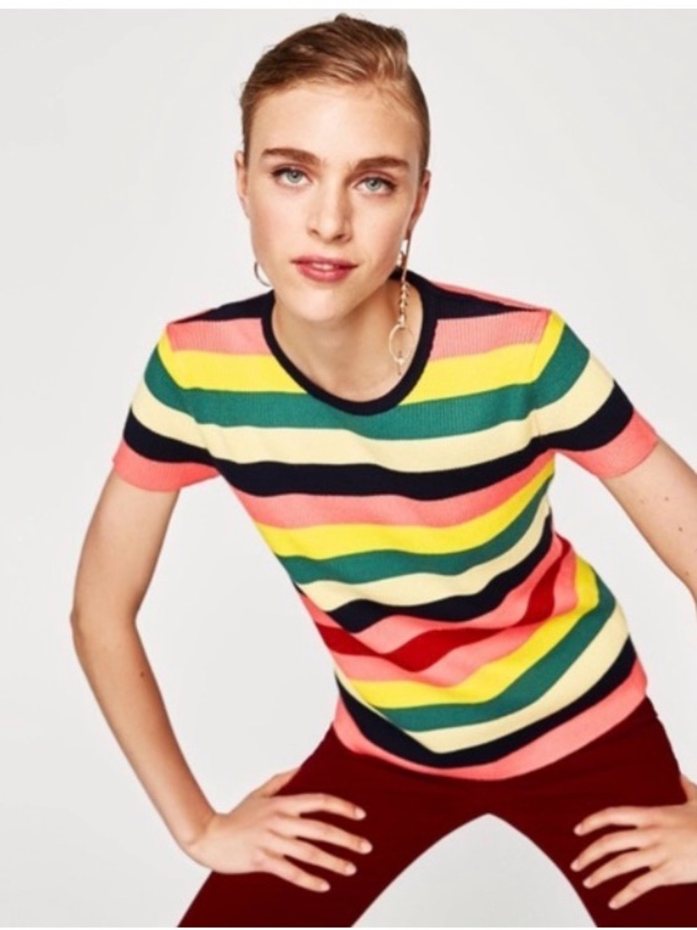 Zara Striped Short Sleeve Knit Top in Pink, Yellow, Green, Navy & Cream